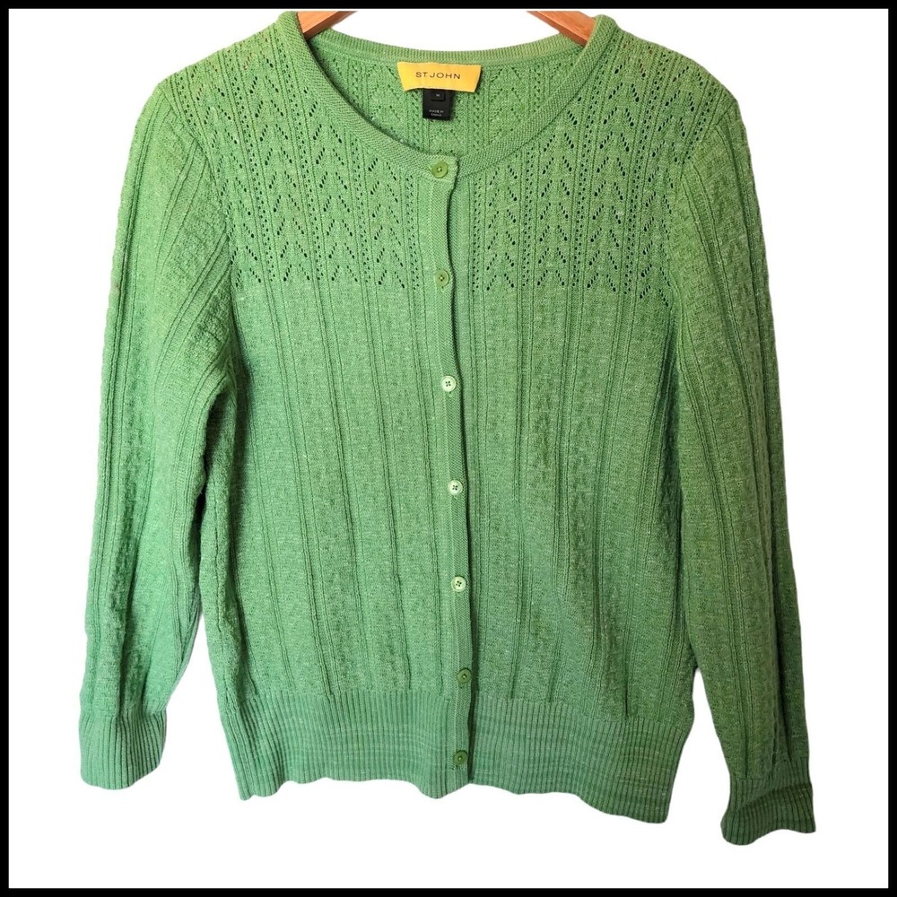 St. John Green Cable Knit‎ Cardigan Sweater size M Medium Wool Blend